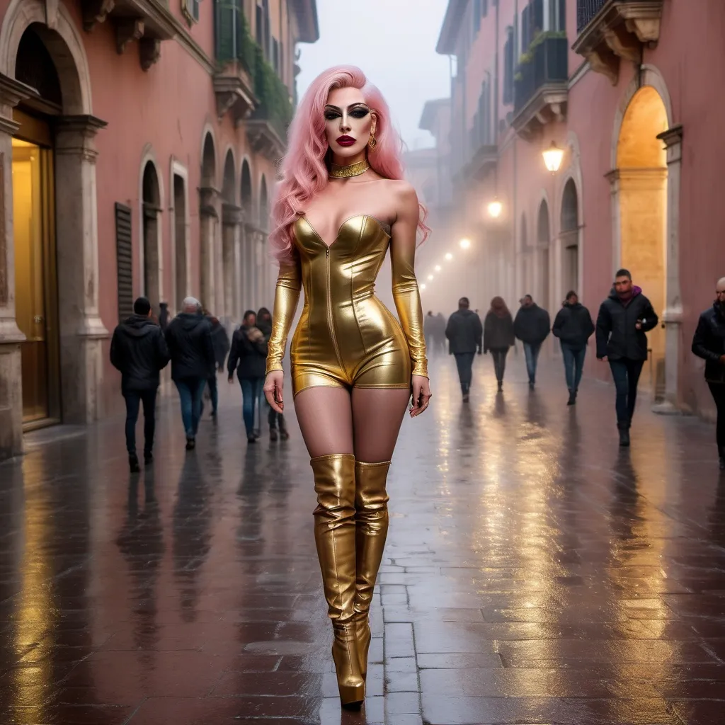 Prompt: Mysterious, Tall, gorgeous, muscular, 21-year-old Italian drag queen with platinum pink stylish hair, dark eyeshadow,  and dark red lipstick, wearing a beautiful gold outfit and 8 inch stiletto gold thigh-high stiletto high heel boots, walking the streets of Rome on a foggy evening.