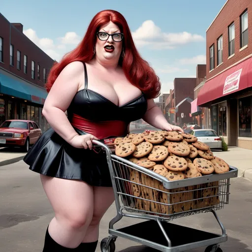 Prompt: (photorealistic) scene of Peter Griffin dressed up as a strutting middle age fat drag queen with long dark red hair, wearing a tiny skirt and tube top, dark eyeshadow and dark lipstick, she is pulling a wagon full of cookies, (charming detail of a bumper sticker that says "my other car is a shopping cart"), gritty urban background, (vibrant colors, deep contrasts), conveying morbid Humor (depth of field, HD).