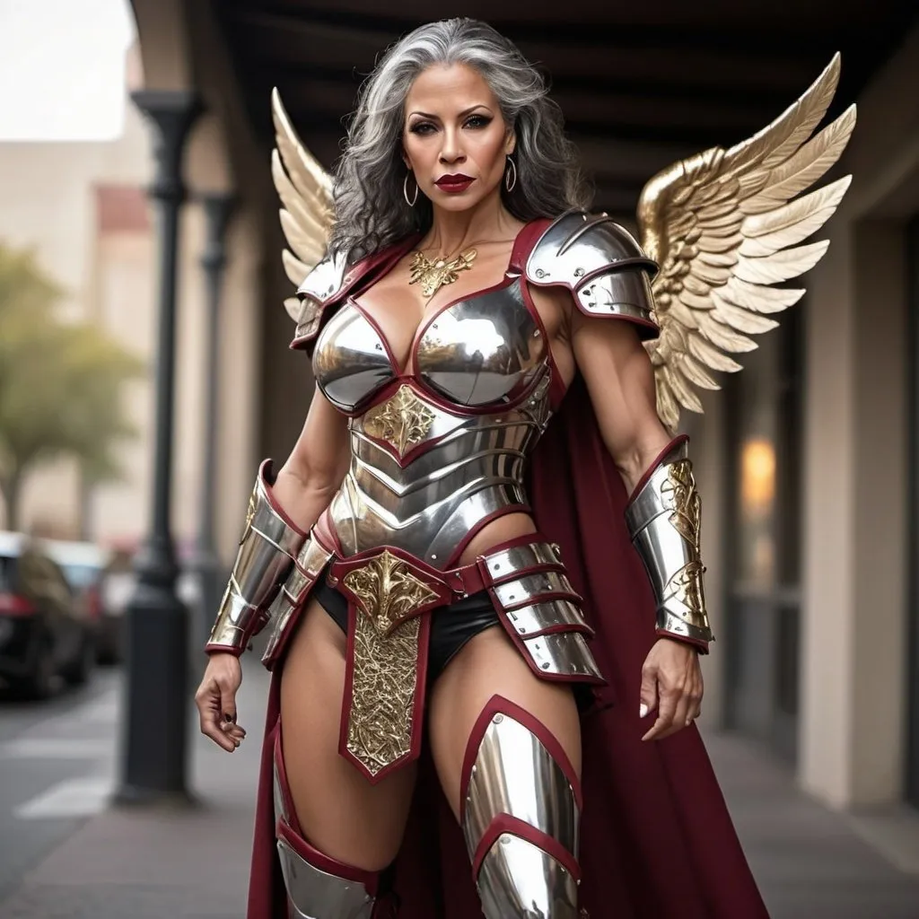 Prompt: Tall, muscular, 45 year old goddess, (masterpiece:1.2, best quality:1.2, high quality, highres:1.1), (Best Quality), ((Photo Realistic)), (Full body portrait), ((Professional photography)), puerto rican warrior queen, layered gray hair, black eye shadow, dark red lips, intricate armored battle dress, thigh-high 8 inch stiletto high heel boots, ((intense metal reflections)), outdoors, gold, angelic armor and leather, professional lighting, blurry background, soft focus