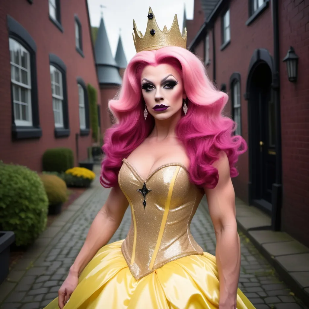 Prompt: Gorgeous ultra-muscular 25-year-old Swedish drag queen bodybuilder with long styled dark pink hair dressed as Glinda the Good witch of the north with a beautiful gown on, dark smokey eyeshadow, 
Heavy mascara,  dark red lipstick posing at the yellow brick road with Oz in the background.