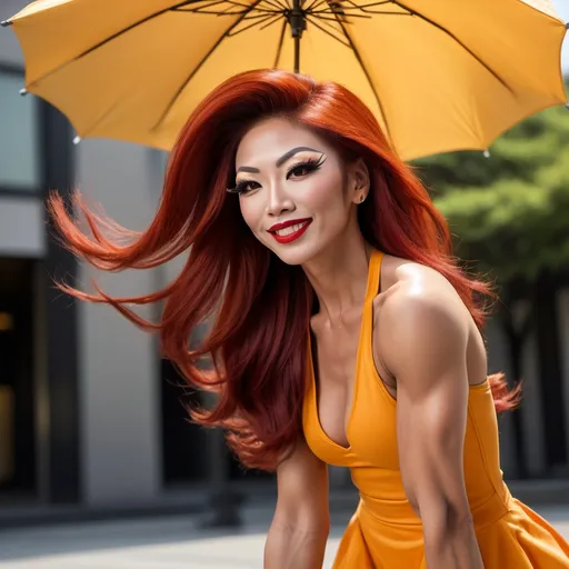 Prompt: Hi-res, 8k hd, Full body photography, Gorgeous tall muscular Japanese drag queen bodybuilder, 25-year-old, ultra-long straight dark orange hair (((blowing in wind))), long muscular legs, muscular physique, dark smoky eyeshadow, dark red lipstick, smiling, short yellow cotton sundress, 8 inch stiletto high heel shoes, standing in front of the Mt. Fuji at dusk, 8k photo, elegant, stylish, detailed features, highres, natural lighting, vibrant colors. Full length photography, full body photography. Ultra-detailed,  ultra-realistic. 