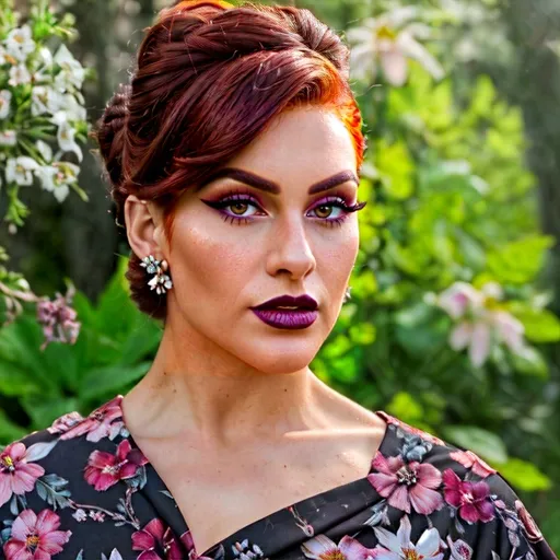 Prompt: award-winning full-length portrait of a gorgeous muscular drag queen (strong masculine jawline and facial features) with dark red updo hair, dark eyeshadow,  and dark lipstick, chic floral dress, outdoors, dainty bouquet of wildflowers, high-quality, oil painting, detailed floral patterns, serene atmosphere, elegant, natural lighting