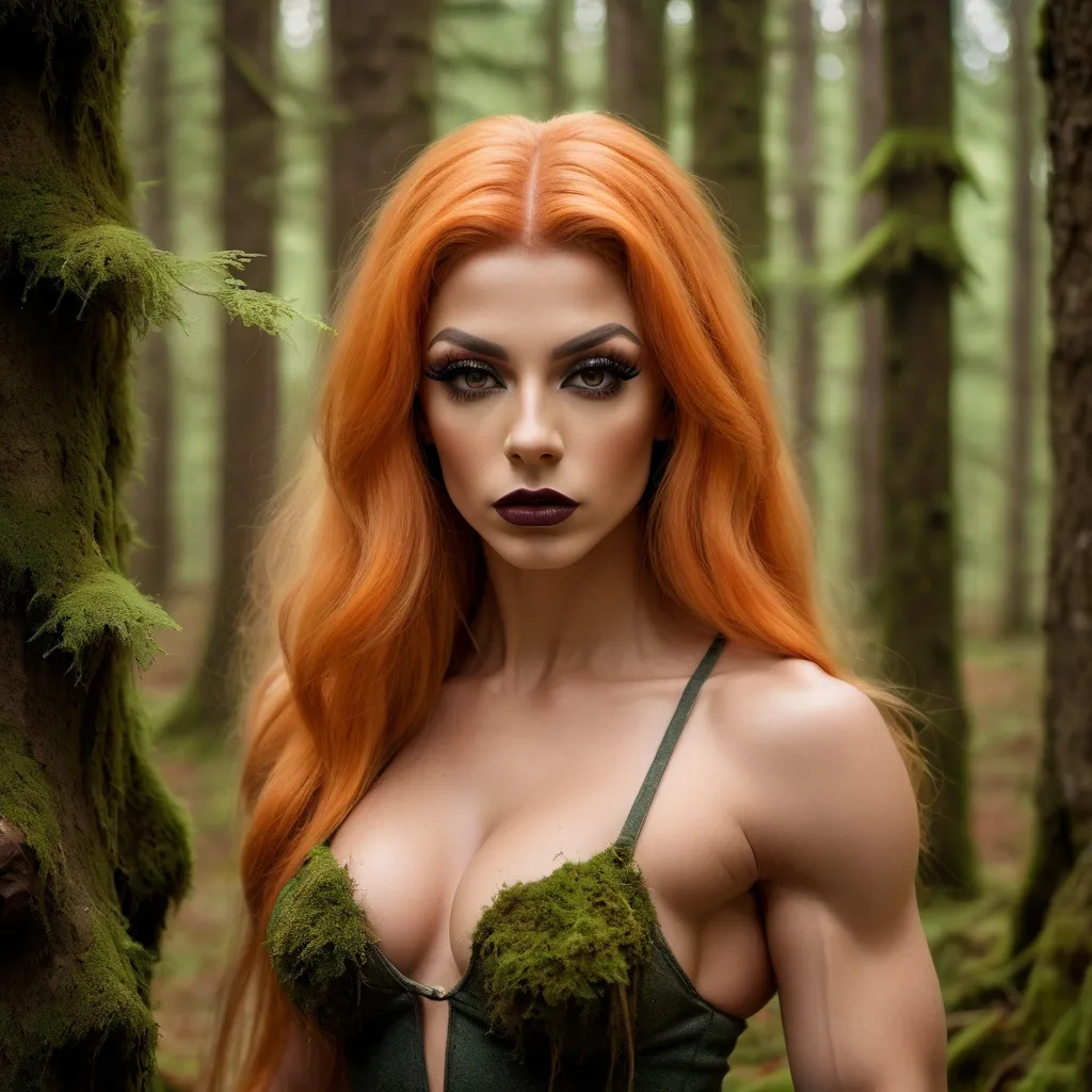 Prompt: Gorgeous muscular 21-year-old Bulgarian drag queen bodybuilder (with drag queen facial features, dark lipstick, large busom,  light orange hair) in a forest setting with mossy trees, Anka Zhuravleva, pre-raphaelitism, cinematic photography, a character portrait
