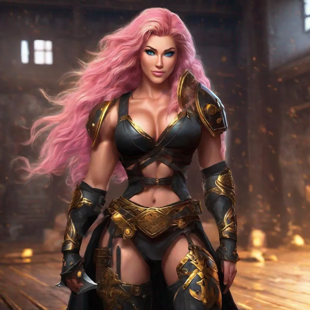 Prompt: Digital Art, gorgeous ultra-muscular 25-year-old viking goddess bodybuilder with huge busom and ridiculously long wavy pink hair, golden gear, black clothes, subtle smile, blue eyes, a black long-sleeve shirt, textured skirt down to knees, black pants, golden armor, 8 inch stiletto high heel boots, golden gear, unreal engine 64k octane, hdr, 3d lighting, full body, full armor