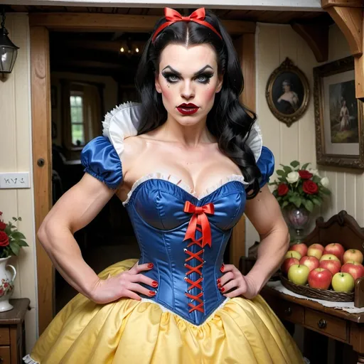 Prompt: Gorgeous ultra-muscular 25-year-old well endowed Finnish drag queen (strong masculine jawline and brow features) with dark eyeshadow,  dark lipstick, and ridiculously short shiny black hair dressed as Snow White with a yellow frilly dress, a blue & red corset, a red ribbon in her hair, and 8 inch stiletto high heel shoes.  Holding an apple in a quaint cottage.