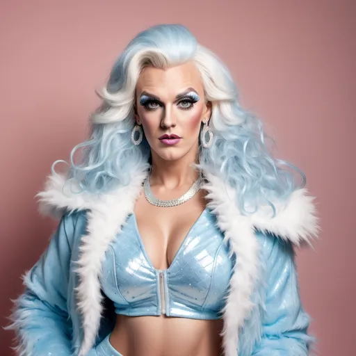 Prompt: A full-length hi-res digital photograph of Greg Davies dressed up as a gorgeous ultra-muscular 25-year-old Czechian drag queen goddess, cute white sparkly bandeau top, light blue furry clubbing jacket, cute light orange and white checked mini skirt, 8 inch stiletto high heel shoes, extremely long light blue wavy hair. Composition focus on full-body and legs.