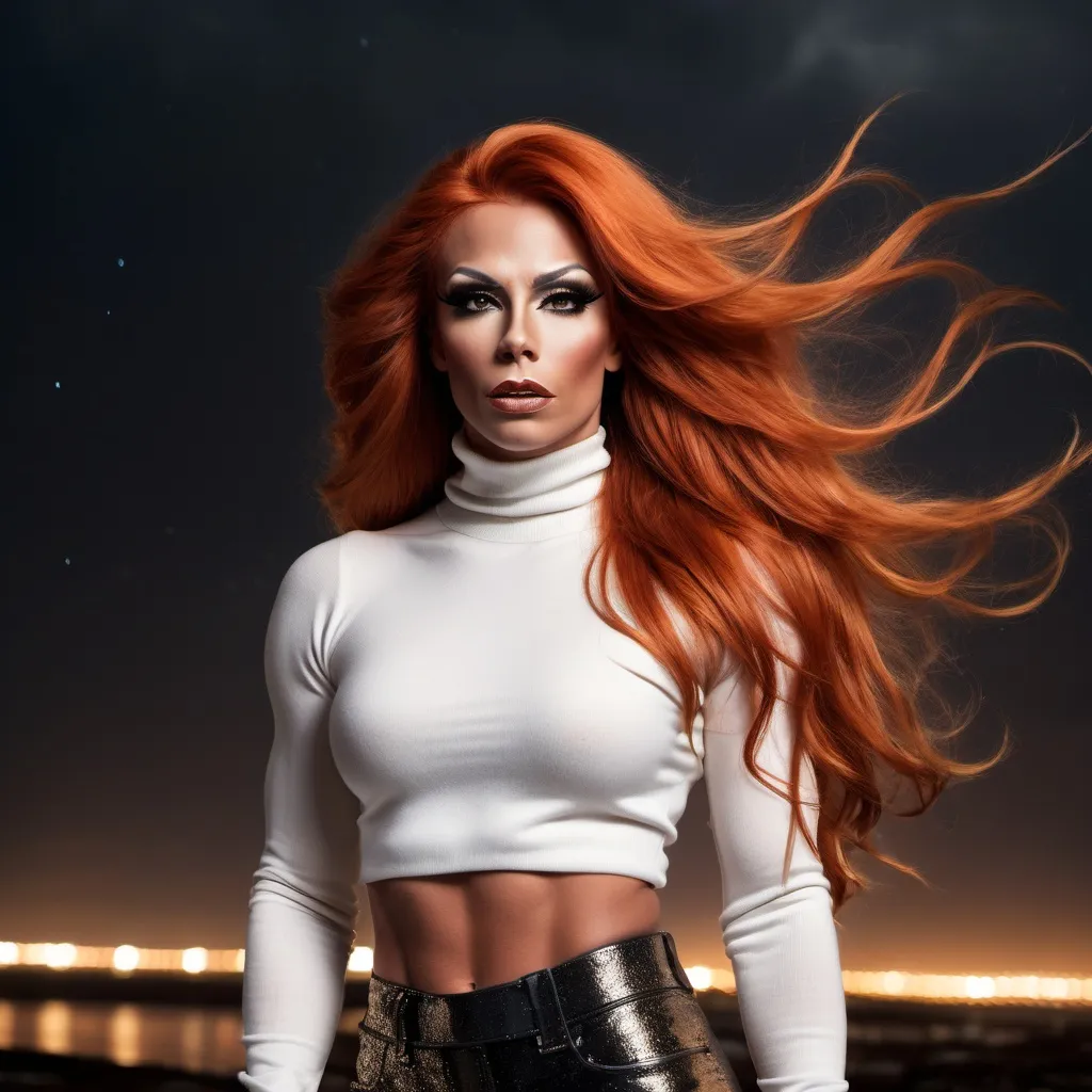 Prompt: Gorgeous ultra-muscular 25-year-old Finnish drag queen bodybuilder with very long wavy dark orange hair (((blowing in the wind))) wearing white turtleneck sweater and black leather pants, is standing on the edge of oblivion, a dark chasm filled with sparkling lights. A stormy sky is overhead.