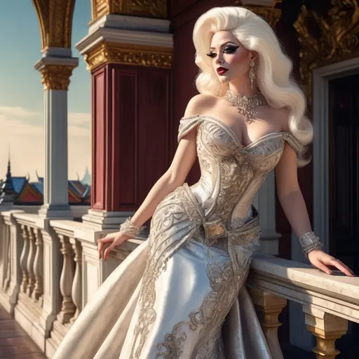 Prompt: A long, long time ago, on a sunny day, a stunningly beautiful drag queen princess (ultra detailed )with a graceful figure stood on the balcony of a grand palace. She was dressed in a gorgeous drag queen princess gown, gazing out at the scenery beyond.
fine detailed drawing, professional photo, HDR, UltraHD, a lot of details, pixel study, 3D, detail, photorealism, majestic, stunning, elegant, brillant, magnificent, effulgent, refulgent,
, lovely, epic, large busom, long platinum blonde hair, dark eyeshadow, dark lipstick, mystic, full body view, classical and warm lighting style and cinematic art, portrait view, close up view 

