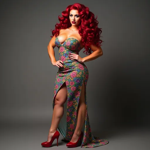 Prompt: Gorgeous ultra-muscular 25-year-old Swedish (caucasian) drag queen bodybuilder dressed in a fun colorful party dress and 8 inch stiletto high heel shoes.  Long wavy dark red stylish hair. Wearing heavy mascara and dark red lipstick. Flirty and passionate.