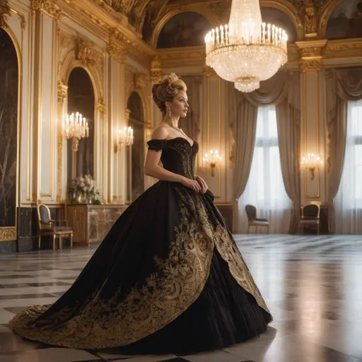 Prompt: A stunning ballroom scene in a grand 19th-century Russian palace, featuring a breathtakingly gorgeous muscular 35-year-old Russian drag queen bodybuilder in the center as Anna Karenina from the 1997 film. She wears an elegant, intricately detailed black and gold ball gown with delicate lace and a luxurious full skirt, embodying grace and nobility. Her hair is styled in an exquisite updo, adorned with pearls and jeweled accessories. Around her, aristocratic guests in opulent period attire gaze in admiration and awe, enchanted by her beauty and elegance. The ballroom is illuminated by grand chandeliers, casting a warm golden glow over the polished marble floors and elaborately decorated walls. The scene is captured in a classic cinematic style, evoking the romantic and dramatic essence of vintage film aesthetics.