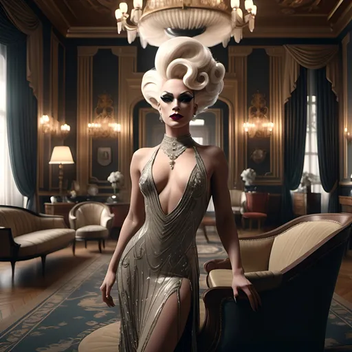 Prompt: A stunning, cinematic gigapixel photo masterfully blending photography and digital art, enhanced by the power of Unreal Engine 5 and NVIDIA Ray Tracing technology. The scene transports us to a luxurious drawing room in the 1920s, where a gorgeous, muscular, young, French drag queen in an exquisite, flowing dress stands amidst opulent furnishings and intricate details. She has a beautiful, yet strong masculine jawline and brow. She holds a delicate fan, her thoughtful and melancholic expression hinting at the complex social games and intrigues of the era. The composition captures the glamour and elegance of the time, with a focus on the detailed interiors and her subtle facial expressions, reflecting the layered emotions and societal expectations of her during that time., cinematic, photo, fashion