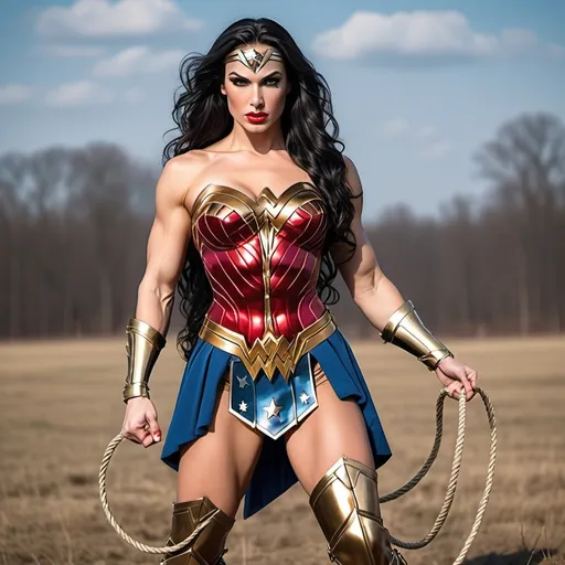 Prompt: Gorgeous ultra-muscular 25-year-old Baltic drag queen bodybuilder Wonder Woman (((DC Comics))) with large busom and long black shiny hair, 8 inch stiletto high heel boots. Twirling her golden lasso on a battlefield. 