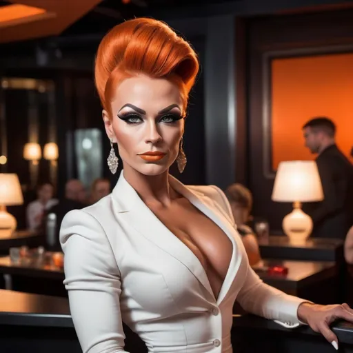 Prompt: Gorgeous ultra-muscular 25-year-old Swedish drag queen bodybuilder with dark orange tight updo hair style dressed as a classy a conservative businesswoman. Posing at a nightclub.