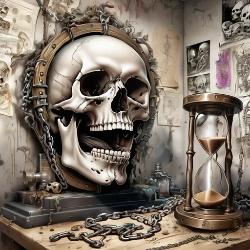 Prompt: In the foreground: Skull:: DNA:: hourglass, in the background: roots:: wall: chains:: hyper detailed, beautifully color, insane detail, macabre, Ink style, pencil drawing, hyper realistic, spraypaint urban hiphop style, Post Processing, Post-Production, insanely detailed, hypermaximalist, elegant, hyper realistic, super detailed, photography, 64k, HDR