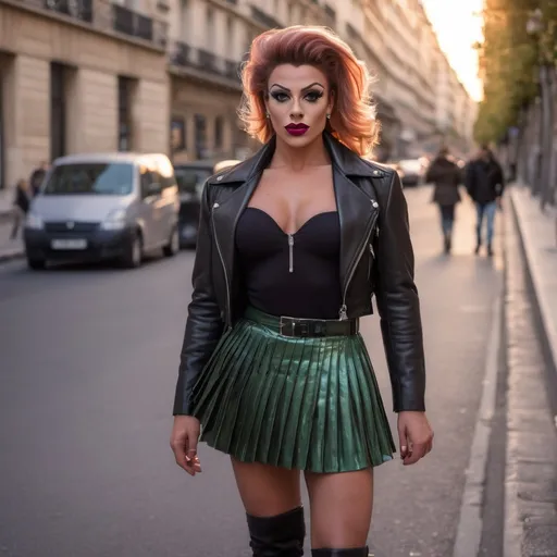 Prompt: Front view of an 27-year-old, muscular, gorgeous French drag queen bodybuilder (very strong masculine jawline and brow features) wearing a pleated mini skirt, coset jacket and 8 inch stiletto high heel calf-high boots. Hanging out on the streets of paris at sunset..