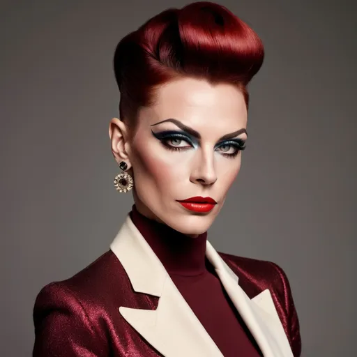 Prompt: Gorgeous muscular 35-year-old Danish drag queen (strong masculine jawline and brow), Prada 1950s style elegant silhouette, classic tailored look, vibrant colors, rich textures, polished accessories, soft lighting, nostalgic ambiance, high-quality detail, reminiscent of mid-century fashion photography, chic dark red hairstyle, playful patterns, stylish footwear, retro elegance