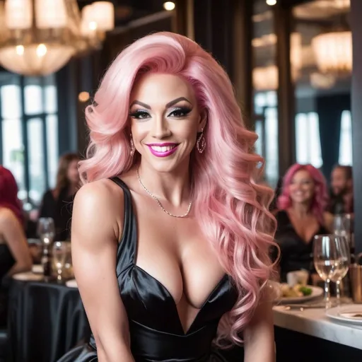 Prompt: Beautiful happy smiling European drag queen bodybuilder age 25, ridiculously long wavy pink hair, huge busom, perfect face, wearing a black flowing satin dress, mini skirt, 8 inch stiletto high heel shoes , highly detailed, 8K photo, standing in a crowded upscale restaurant, fill light