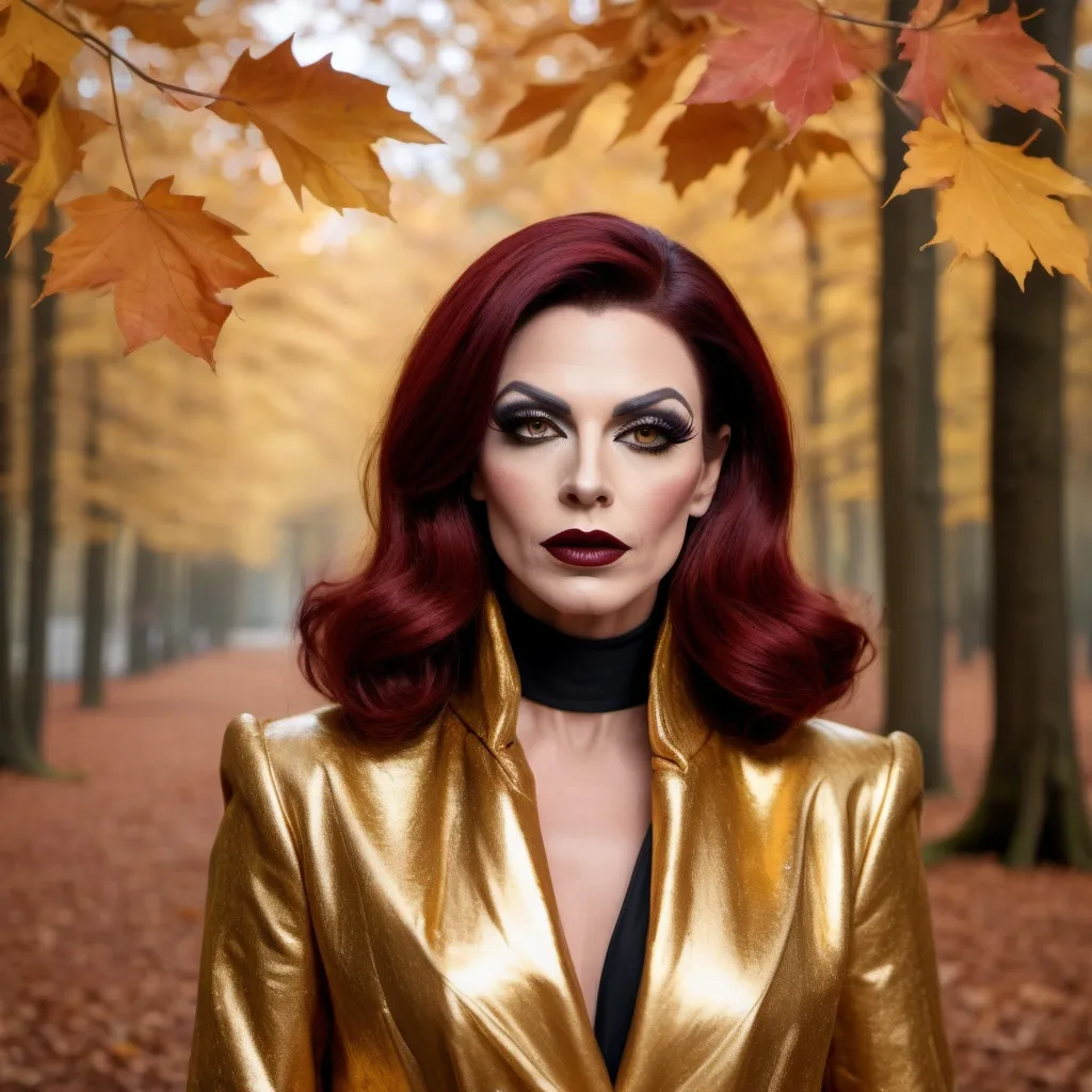 Prompt: Beautiful French drag queen, 35-year-old, dark red hair, in autumn forest in gold long fashion coat, dark eyeshadow and dark lipstick,  very strong masculine jawline and brow,.