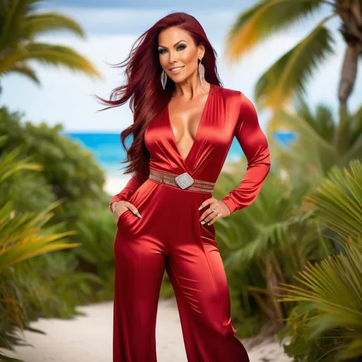 Prompt: Gorgeous 35-year-old Finnish goddess body builder, olive skin, long straight shiny dark red hair (((blowing in the wind))), blue eyes, intricate diamond face, wearing a red silk jumpsuit, 8 inch high-heel shoes, warm smile, high detail, high quality, professional lighting, vibrant colors, high-res, dynamic pose, standing in West Indies tropical style park, advertising style, elegant, detailed eyes, tasteful, glamorous, luxurious,, cozy lighting. Composition focus on legs and full-body. 