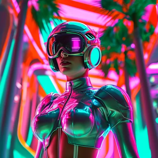 Prompt: a gorgeous 25-year-old Norwegian female goddess bodybuilder wearing futuristic visors, buxom busom, 8 inch stiletto high heel shoes, shiny cyberpunk colors, retrofuturism, palms trees 1980s sci-fi, game cover art, character, 4k. Composition focus on legs and full-body.