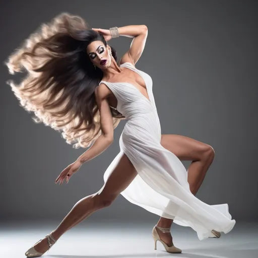 Prompt: Gorgeous ultra-muscular 25-year-old Portuguese disco drag queen (with masculine jawline chin and brow features) with big busom and long flowing hair ((((flowing with her dance motion)))) wearing a white flowing dress as she dancesand twirls on the dance floor. Blur stop motion. Composition focus on full-body and legs.