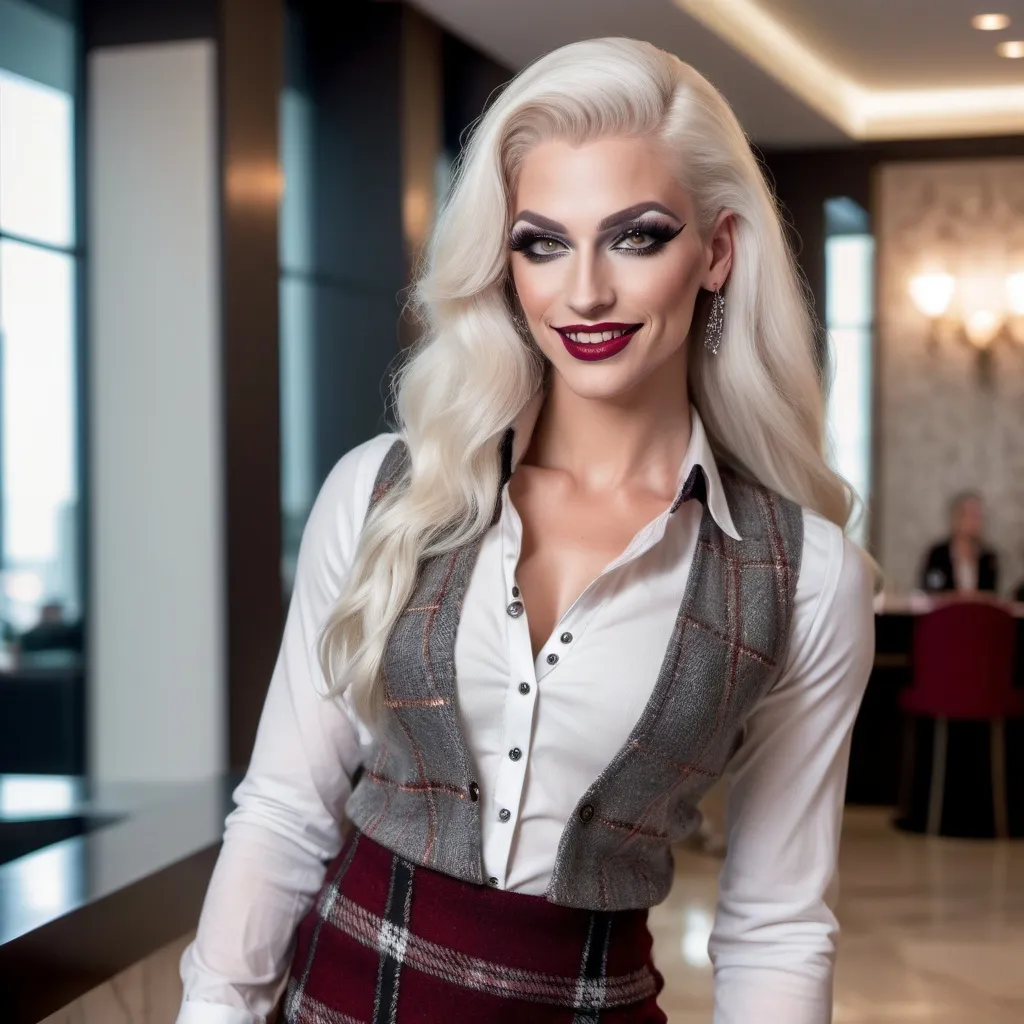 Prompt: Gorgeous muscular 25-year-old German drag queen (strong masculine jawline and brow) with long luscious platinum blonde hair, dark smoky eyeshadow and dark red lipstick, smile, silver jewels, chic white blouse, tweed sweater vest, plaid pencil skirt, standing profile in a luxe lobby, well lit, high detail & quality, 8k, pro photo.