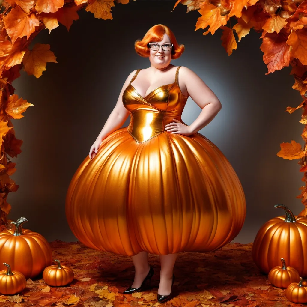 Prompt: (Peter Griffin in a striking costume), (Rabanne metallic pumpkin dress), vivid and eye-catching colors, high-fashion glamour, elegant pose, dramatic lighting that enhances the metallic sheen, expression conveying confidence, surreal background blending autumnal elements, warm tones of orange and gold, ultra-detailed, whimsical and playful atmosphere, combining high art with contemporary fashion.