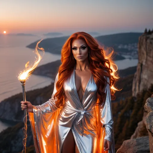 Prompt: Gorgeous ultra-muscular 25-year-old Czechian drag queen bodybuilder with very long dark orange wavy hair wearing a shimmering silver robe wrapped around her body and waving a glowing wand tipped with fire which glows brightly. Standing at the top of a cliff at dawn.