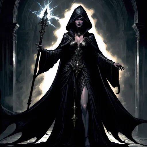 Prompt: queen of darkness in battle apparel In long  medium dark black and dark grey robe with a long staff of magic , staff tip is dark grey and a dark black void.