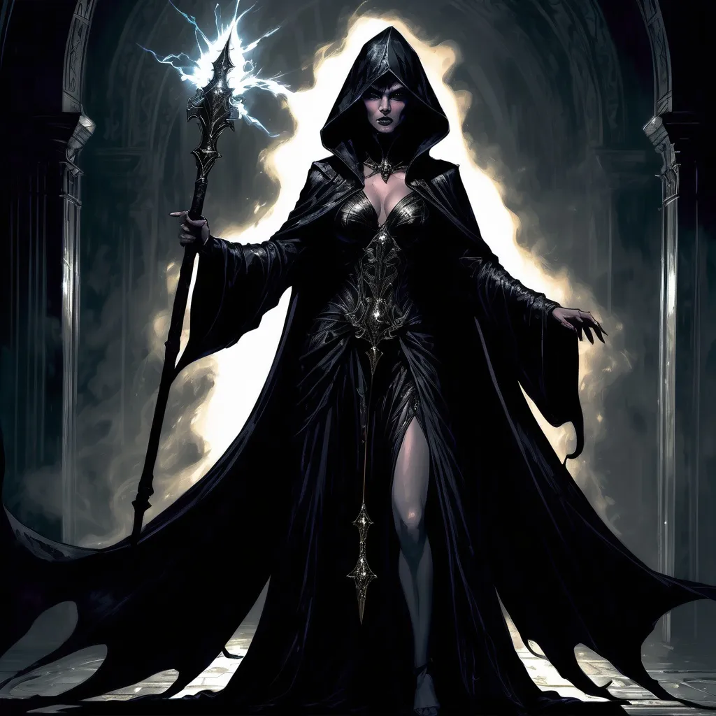 Prompt: queen of darkness in battle apparel In long  medium dark black and dark grey robe with a long staff of magic , staff tip is dark grey and a dark black void.