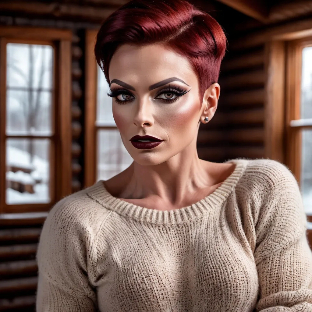 Prompt: Extremely beautiful, muscular 35-year-old Russian drag queen, detailed very short stylish dark red hair, flawless skin, dark eye makeup, dark lipstick, detailed eyes, natural beauty, very strong masculine jawline, form-fitting seasonal sweater, cozy modern log cabin interior background, winter season, realistic professional photography, high quality, detailed, realistic, cozy, ginger, long hair, flawless skin, candid moment, modern log cabin, seasonal sweater, detailed eyes, natural beauty, professional photography, winter season, cozy lighting