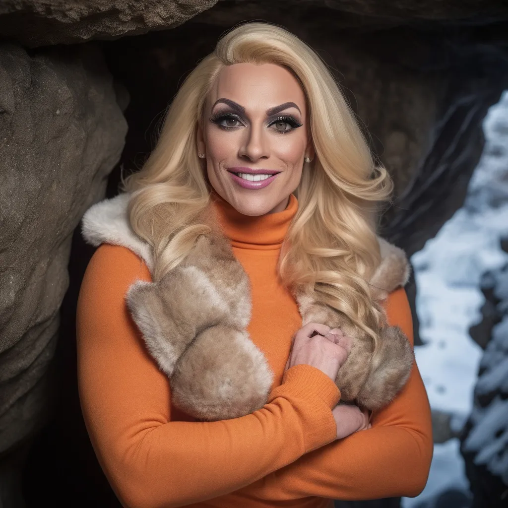 Prompt: professional portrait photograph of a gorgeous muscular 35-year-old British drag queen (strong masculine jawline and brow features) in orange winter clothing, long natural blonde hair, most attractive face, (freckles), nice smile, cute stylish makeup, wearing elegant warm winter fashion clothing, ((standing out side a frozen cave), hyper- realistic, detailed features, realistic lighting, high quality, realistic view,, elegant, realistic setting, professional, detailed, glamorous, actress, iconic, stunning modern urban environment, ultra realistic, concept art, elegant, highly detailed, intricate, sharp focus, depth of field, f/1. 8, 85mm, medium shot, mid shot, (((professionally color graded))), bright soft diffused light, (volumetric fog), trending on instagram, hdr 4k, 8k