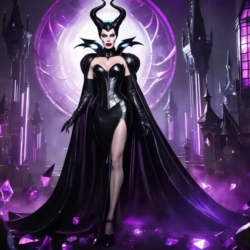 Prompt: Gorgeous muscular cyberpunk drag queen (Disney's) Maleficent, great legs, crystal high heels,  dark lipstick.