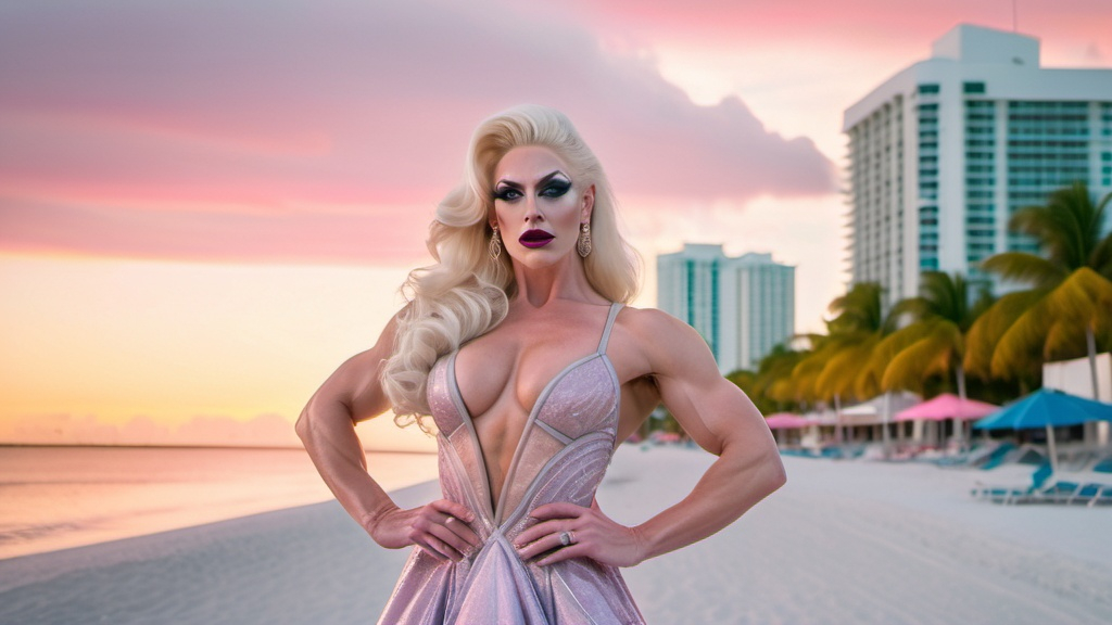 Prompt: (ultra-detailed) image of a Gorgeous ultra-muscular 25-year-old caucasian American drag queen bodybuilder with very long professionally styled platinum blonde wearing a very delicate dress by Valentino, dark eyeshadow and dark red lipstick, set against a picturesque backdrop of Miami Beach, pastel color palette, soft and elegant textures, warm ambient lighting, romantic atmosphere, ornate architecture in the background, gentle shadows playing across the fabric, high fashion elegance, sophisticated vibe, capturing the essence of luxury and artistry, enchanting scenery, dreamy aesthetic.