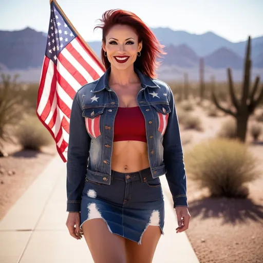 Prompt: Dark red haired gorgeous 35-year-old muscular Cherokee goddess wearing a US Flag denim jacket, US Flag denim miniskirt, & boots, dark eye shadow, 
dark lipstick, walking on desert southwest street, smiling, high-res, flawless face, professional photo, desert southwest town, American style, sunny warm lighting, detailed miniskirt and boots, happy expression, flag design, western style, casual fashion, vibrant colors, street scene, sunny 