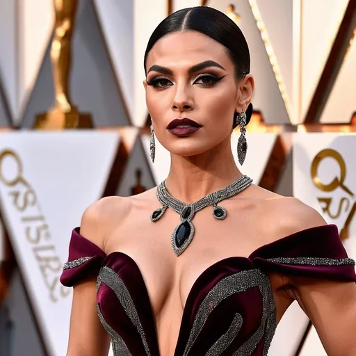 Prompt: Gorgeous thicc muscular 25-year-old Slovenian drag queen (very strong masculine jawline and brow features) with large busom wearing a beautiful stylish multi-fabric gown with long train, 8 inch stiletto high heel shoes.  Dark eyeshadow and dark lipstick. Walking the red carpet at the Oscars.