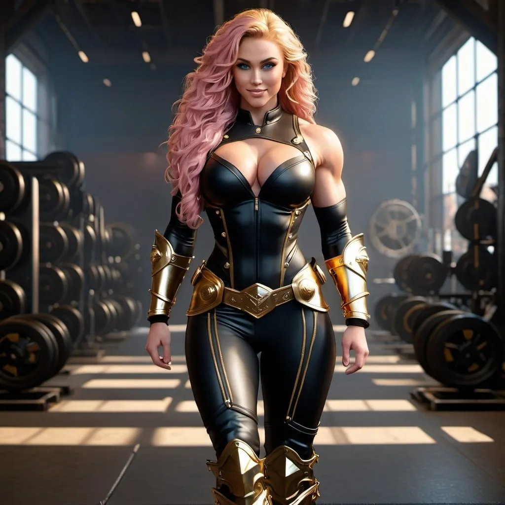 Prompt: Digital Art, gorgeous ultra-muscular 25-year-old viking goddess bodybuilder with huge busom and ridiculously long wavy pink hair, golden gear, black clothes, subtle smile, blue eyes, a black long-sleeve shirt, textured skirt down to knees, black pants, golden armor, 8 inch stiletto high heel boots, golden gear, unreal engine 64k octane, hdr, 3d lighting, full body, full armor