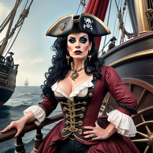 Prompt: A stunning, hyper-realistic and vividly colored depiction of a gorgeous muscular 35-year-old French pirate drag queen (dark eyeshadow, dark red matte lipstick, black hair, abd big busom) in the 1860s. She stands confidently at the bow of a majestic pirate ship, holding a telescope as she searches for her next prey.
