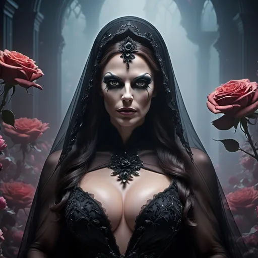 Prompt: A gorgeous muscular 35-year-old Hungarian drag queen bodybuilder with big busom, ((black wedding dress, black wedding veil, black rose,a lot of flowers around) ), otherworldly hues, surreal landscapes, dark fantasy art, a lot of fog around, ethereal glow, (ghostly effect:1) , masterpiece, perfect anatomy, 32k UHD resolution, best quality, highly details, realistic photo, professional photography, cinematic view, cinematic angle, octane render,