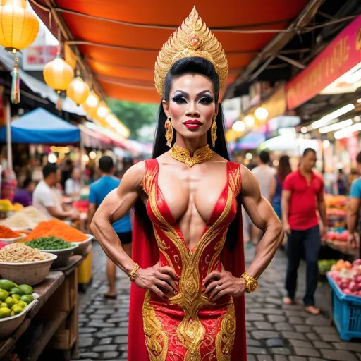 Prompt: A full-body view of a gorgeous Thai drag queen bodybuilder in a traditional red and gold dress, standing on a cobblestone street in a bustling Thai market, with vibrant stalls and colorful canopies in the background fully in focus.