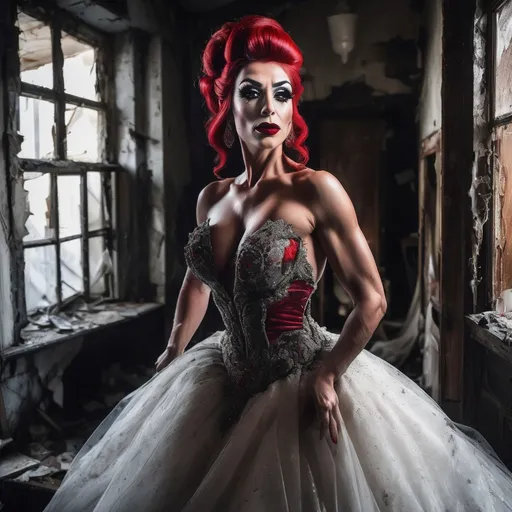 Prompt: Gorgeous muscular 35-year-old Turkish drag queen (masculine facial features) with bright red updo hair, dark eyeshadow, and dark lipstick wearing a Ball gown wedding dress in an old dilapidated house.