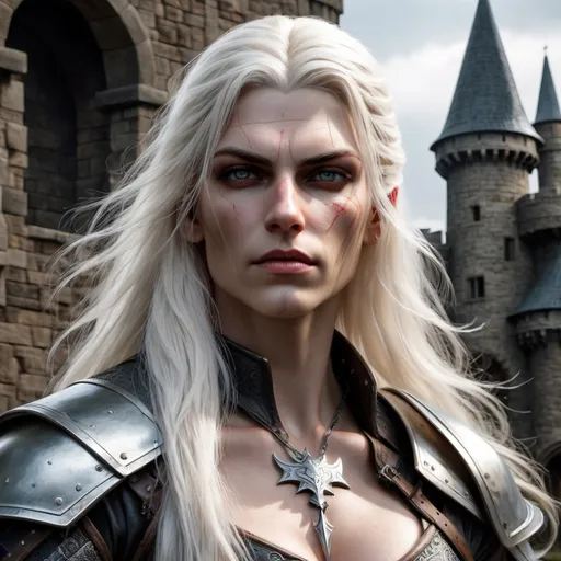 Prompt: Creates a gorgeous and Realistic image of a Muscular transwoman version of Geralt of Rivia with long flowing platinum blonde hair,  in the midst of battle in a castle.