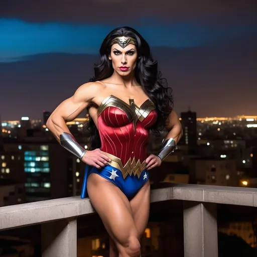 Prompt: Gorgeous muscular 35-year-old Israeli drag queen bodybuilder (strong masculine jawline and brow facial features) with large busom and ridiculously long wavy black hair, dressed as Wonder Woman (DC Comics Character), standing on the ledge of a building at night.