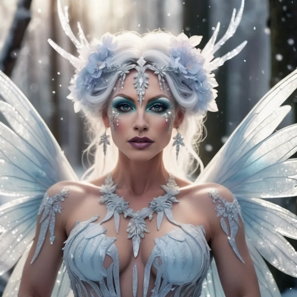 Prompt: Gorgeous muscular 35-year-old (melting ice fairy) drag queen, delicate wings dripping with glistening icicles, ethereal glow from the fairy's body, surrounded by frost-covered flowers, shimmering particles in the air, enchanted forest backdrop, soft pastel color tones, serene and mystical ambiance, (highly detailed), magical light illuminating the scene, ethereal presence, enchanting winter wonderland vibe.