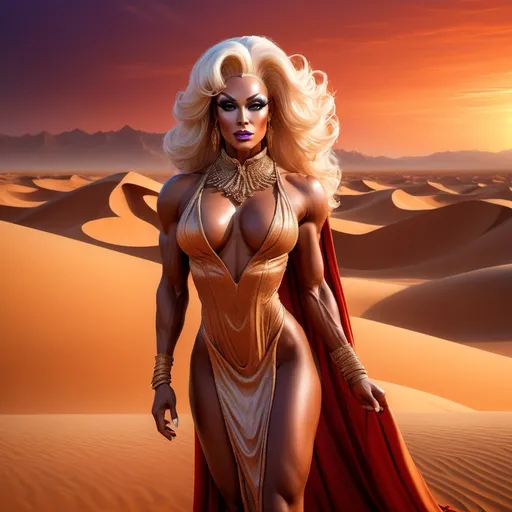 Prompt: The most beautiful drag queen bodybuilder on Arrakis wearing the traditional Krypton dress.