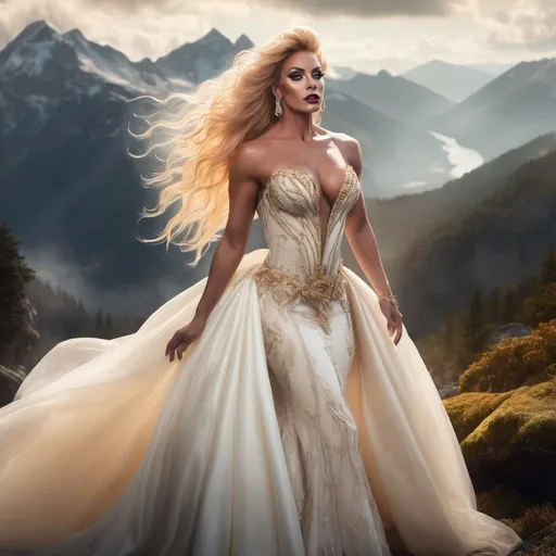 Prompt: (A thre quarter body image)A gorgeous muscular 35-year-old French drag queen bodybuilder (big busom, dark eyeshadow, dark lipstick, long flowing golden blonde hair) wearing an ivory wedding gown on the top of an high mountain. surreal  with mist
Dreamy, mythical, fairyland-like, soft and romantic
Splash art, hyper detailed, ultra realistic, highly detailed. Perfect studio lighting, perfect shading, impeccable contrast, HDR, UHD, high res, 64k