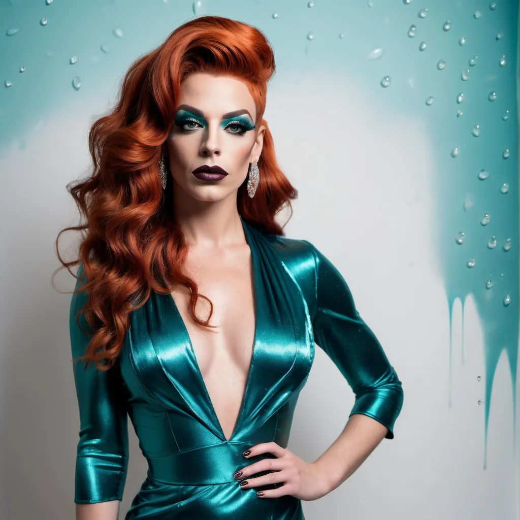 Prompt: The image is a full body portrait of a gorgeous muscular 25-year-old French drag queen with dark orange wavy hair, dark eyeshadow,  and dark lipstick (with strong masculine jawline and brow) posing in a teal satin dress. She is standing in front of a white wall with water droplets cascading down it. The dress is made of a shiny, satin-like material and has a high neckline with a lace overlay. The drag queen is wearing large, dangling earrings. She has a gold clutch in her hand and is looking directly at the camera with a serious expression. The overall mood of the image is elegant and sophisticated.