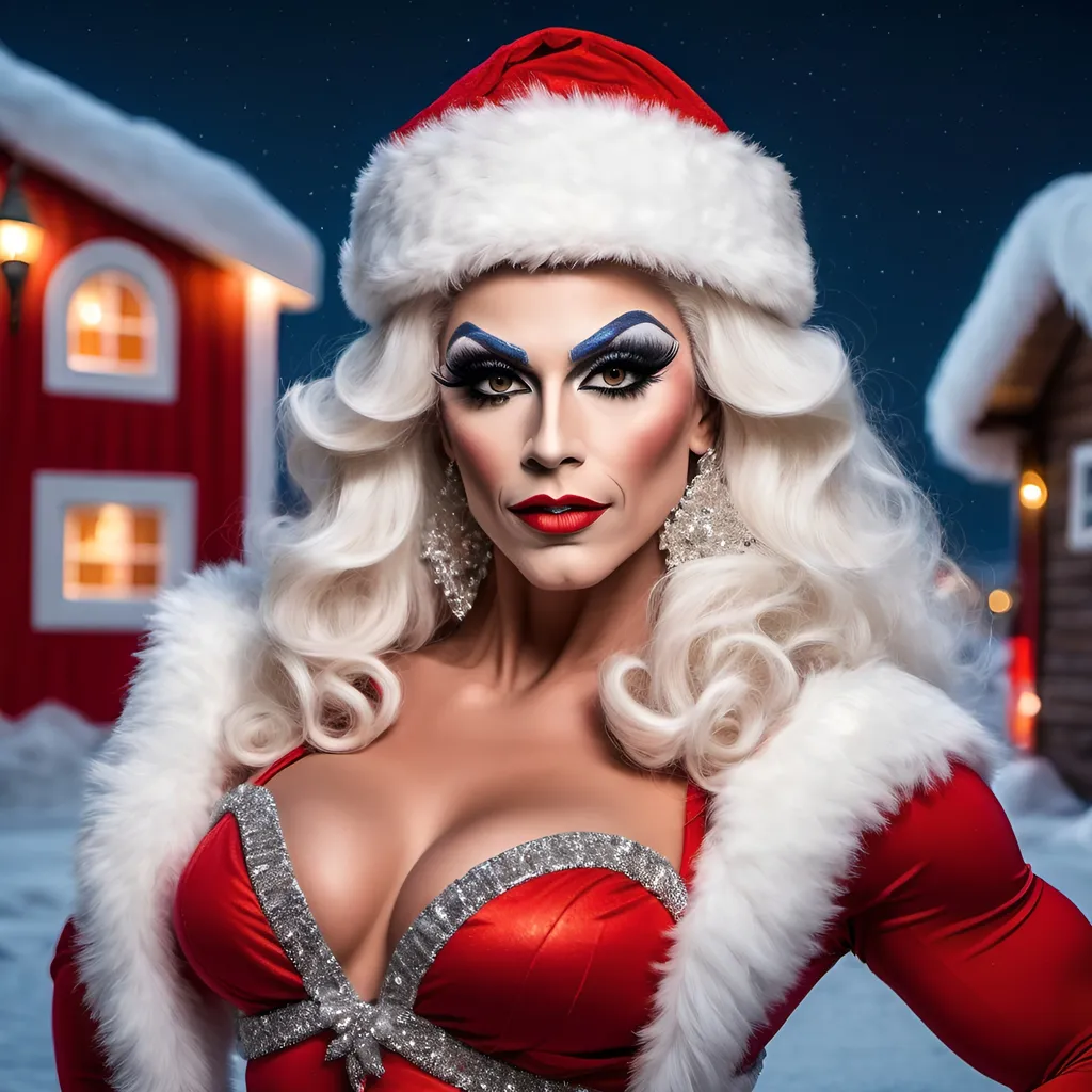 Prompt: Santa Claus dressed up as a gorgeous muscular Turkish drag queen. Posing at the north pole at night. 