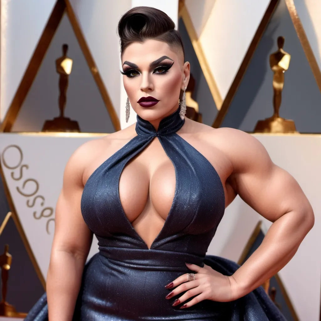 Prompt: Gorgeous thicc muscular 25-year-old Slovenian drag queen (very strong masculine jawline and brow features) with large busom wearing a beautiful stylish multi-fabric gown with long train, 8 inch stiletto high heel shoes.  Dark eyeshadow and dark lipstick. Walking the red carpet at the Oscars.