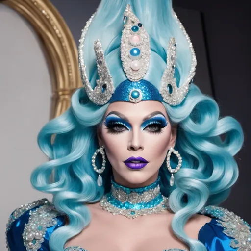 Prompt: The most beautiful drag queen on Neptune wearing the traditional Neptune dress.